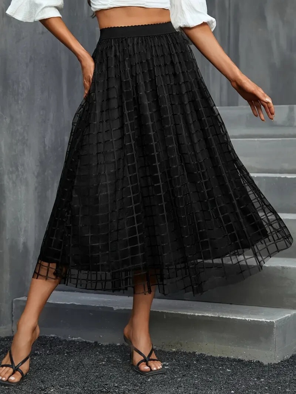 Black Mesh Grid Midi Skirt with Elastic Waistband